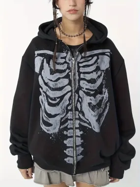 Schicker Kapuzenpullover mit Reiverschluss und Skelett-Print
